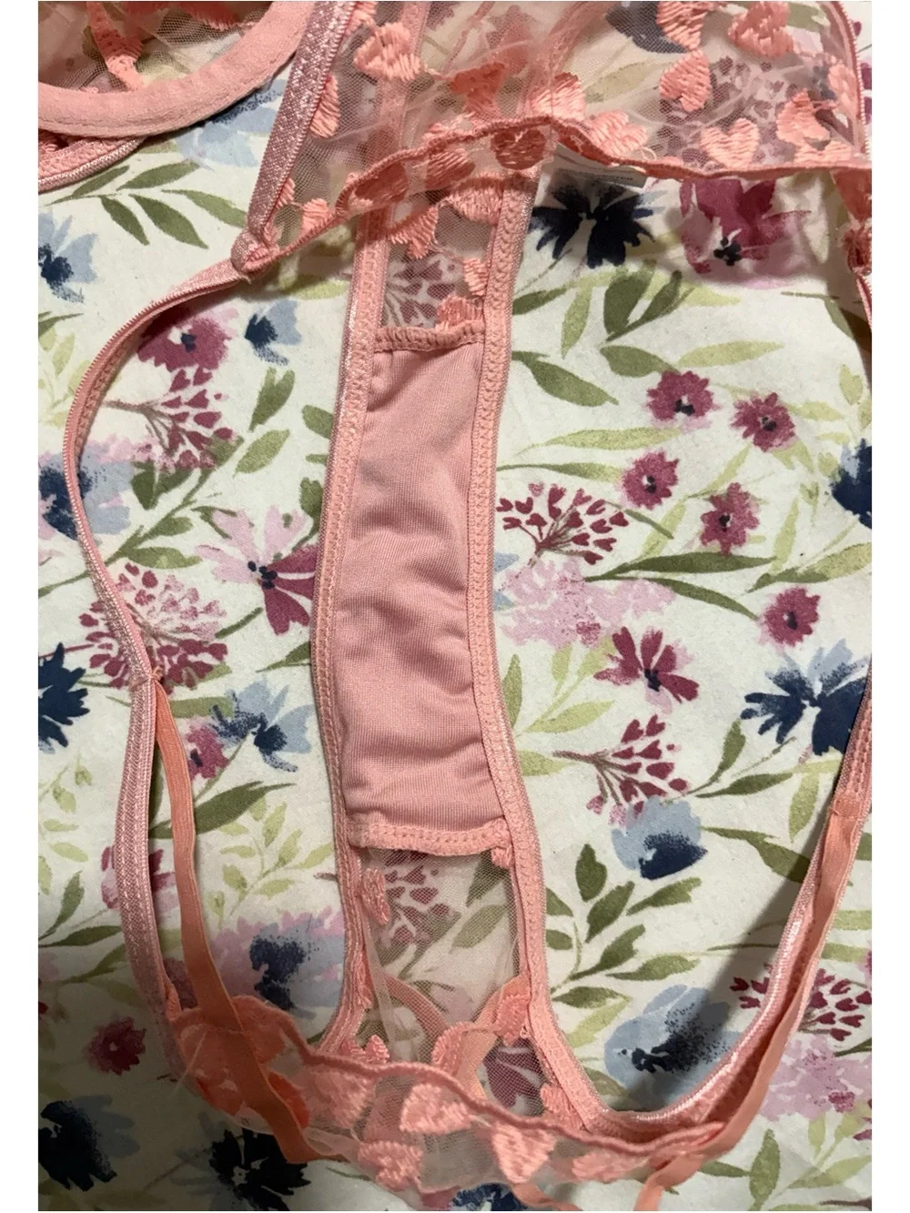 Floral hearts pink embroidered sheer lingerie set